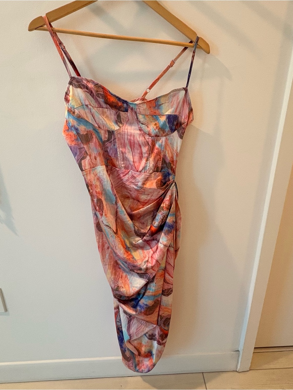 Asymmetrical Multi‑Color Slip Dress with Draped Detail